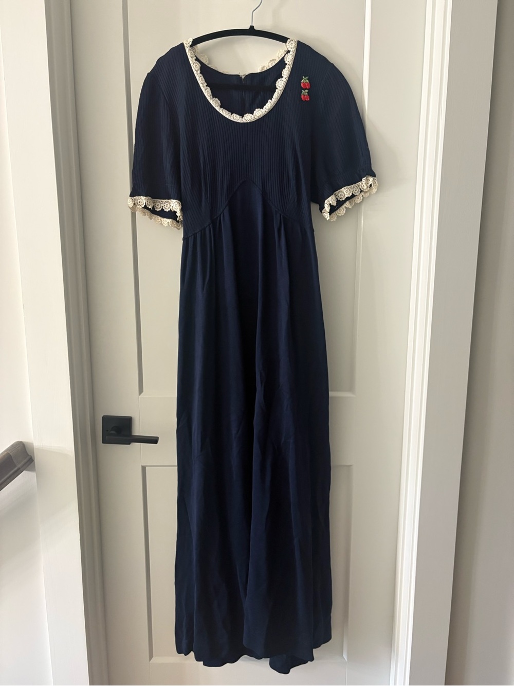 Vintage Navy Maxi Dress with Cream Lace Trim & 🍒